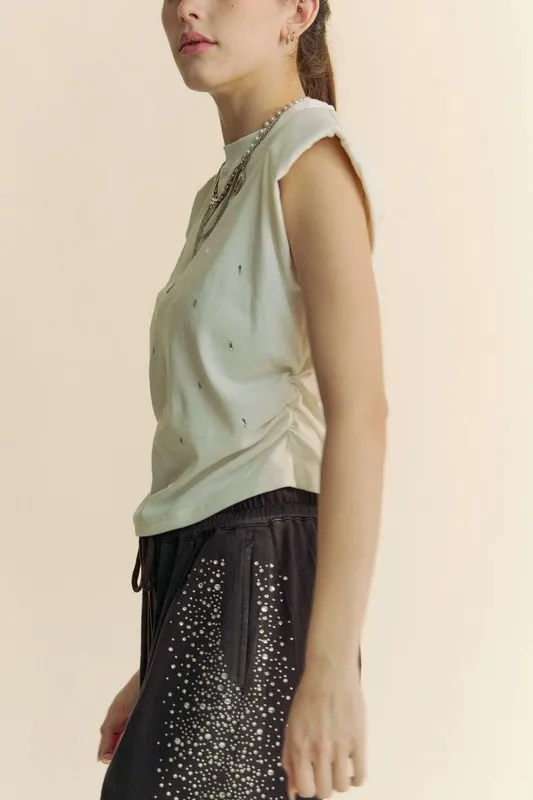 Davi & Dani Solid Mock Neck Short Sleeve Jewel Crop Top - Lositime