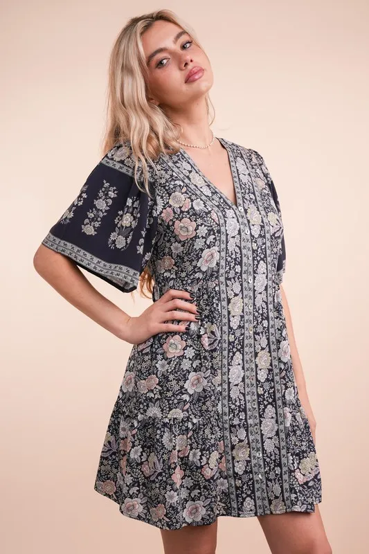 VERY J Shirring Detail Printed Woven Mini Dress - Lositime
