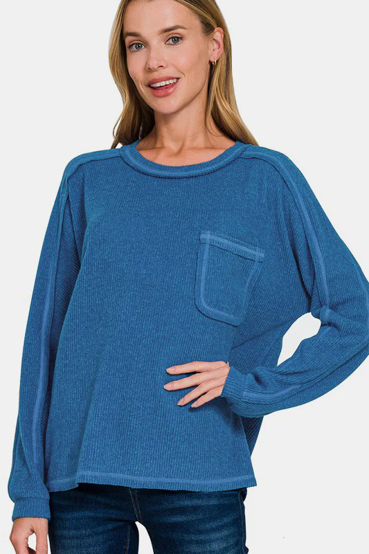 Zenana Full Size Contrast Stitching Brushed Ribbed Hacci Knit Top Plus Size - Lositime