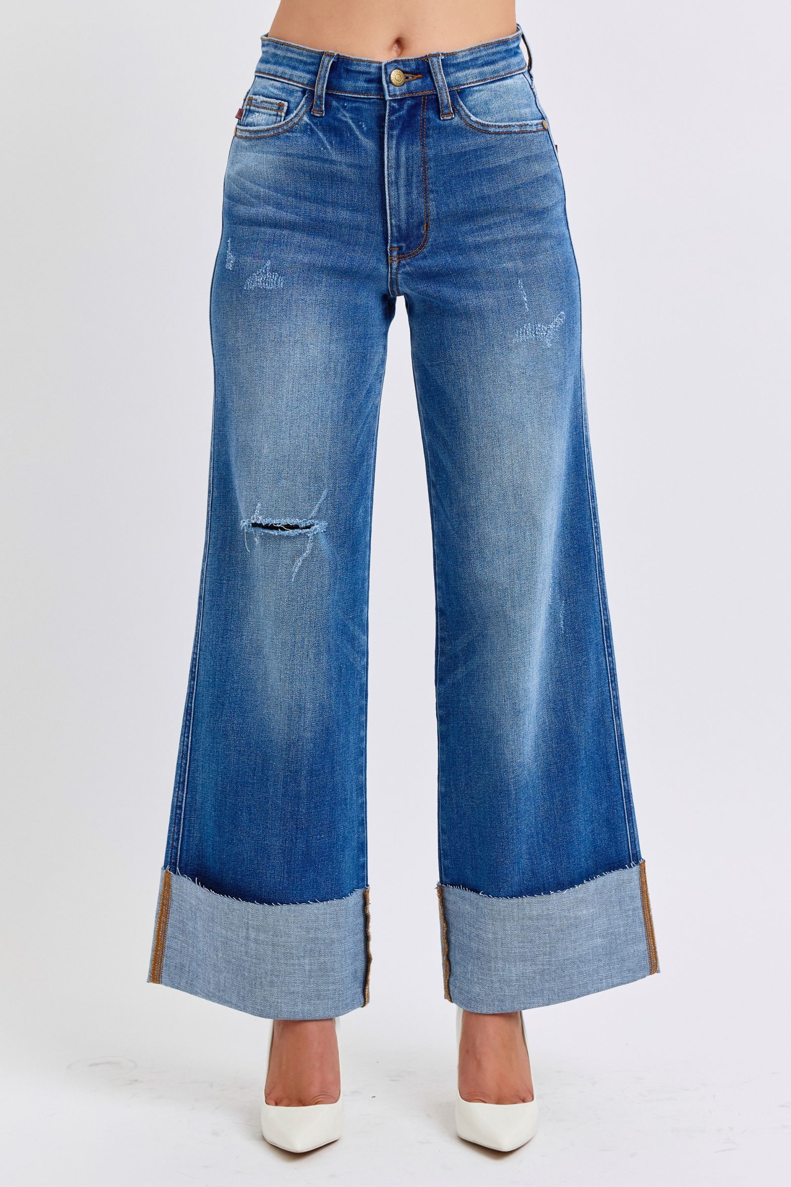 Judy Blue Full Size Distressed High Waist Wide Leg Jeans - Lositime