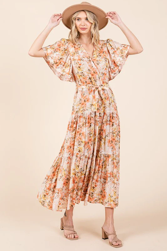 Mittoshop Floral Tie Waist Flutter Sleeve Tiered Dress - Lositime