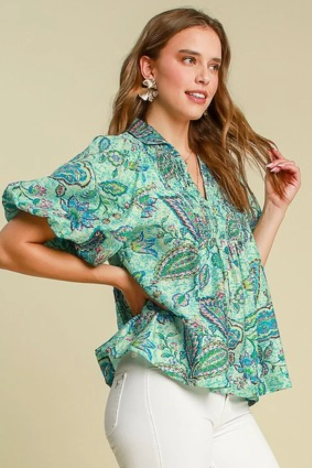Umgee Full Size Woven Abstract Print Johnny Collar Puff Sleeve Blouse Plus Size - Lositime