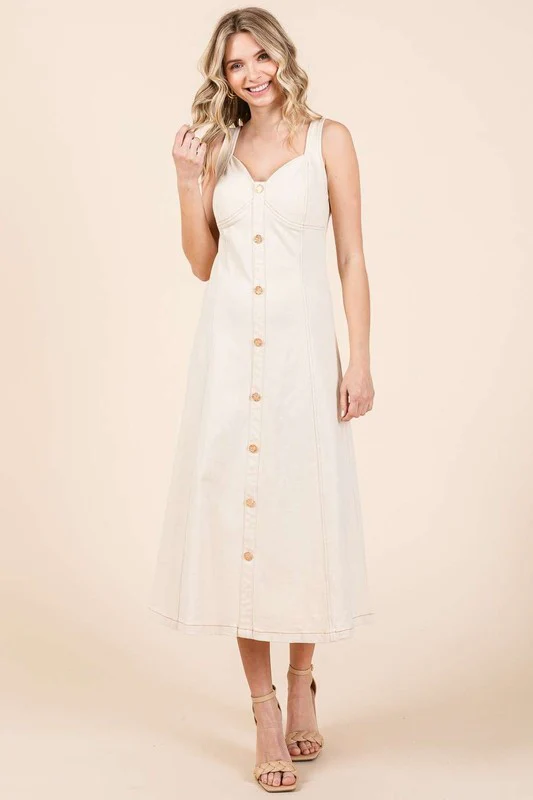 Mittoshop Stretch Twill Decor Button Sleeveless Midi Dress - Lositime
