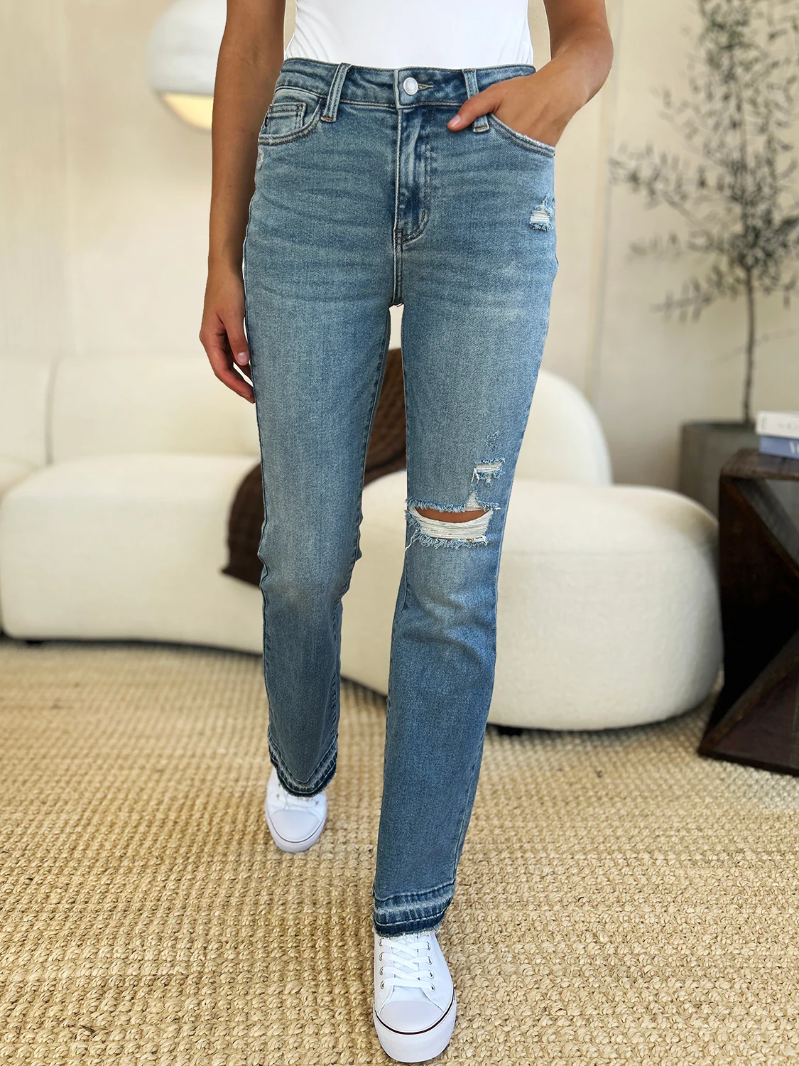 Judy Blue Full Size Mid Rise Destroyed Hem Distressed Jeans - Lositime