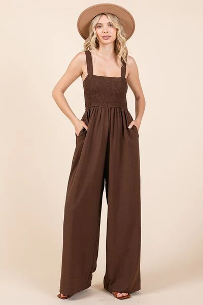 Mittoshop Smocked Wide Strap Wide Leg Overalls - Lositime