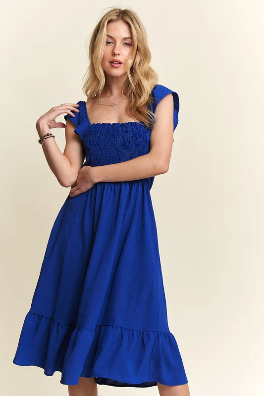 ADORA Smocked Square Neck Ruffled Cap Sleeve Dress - Lositime