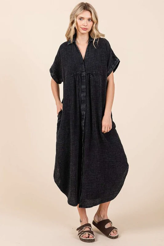 Mittoshop Mineral Wash V Neck Button Up Midi Shirt Dress - Lositime