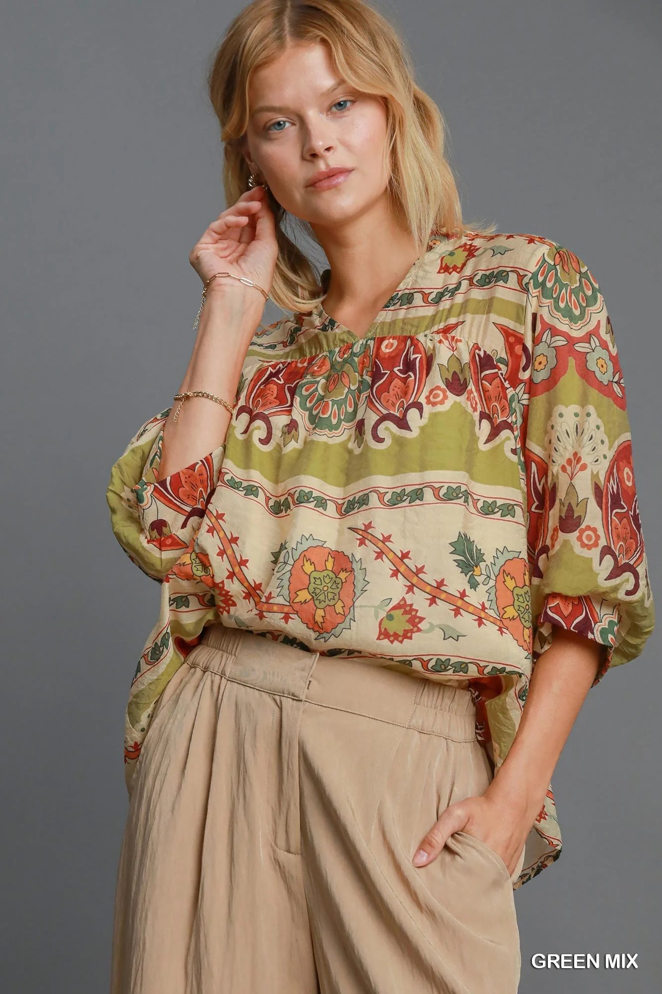 Umgee Full Size Border Print Notched 3/4 Puff Sleeve Blouse Plus Size - Lositime