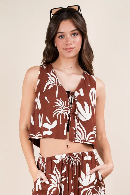 VERY J Printed Front Tie Crop Resort Top - Lositime