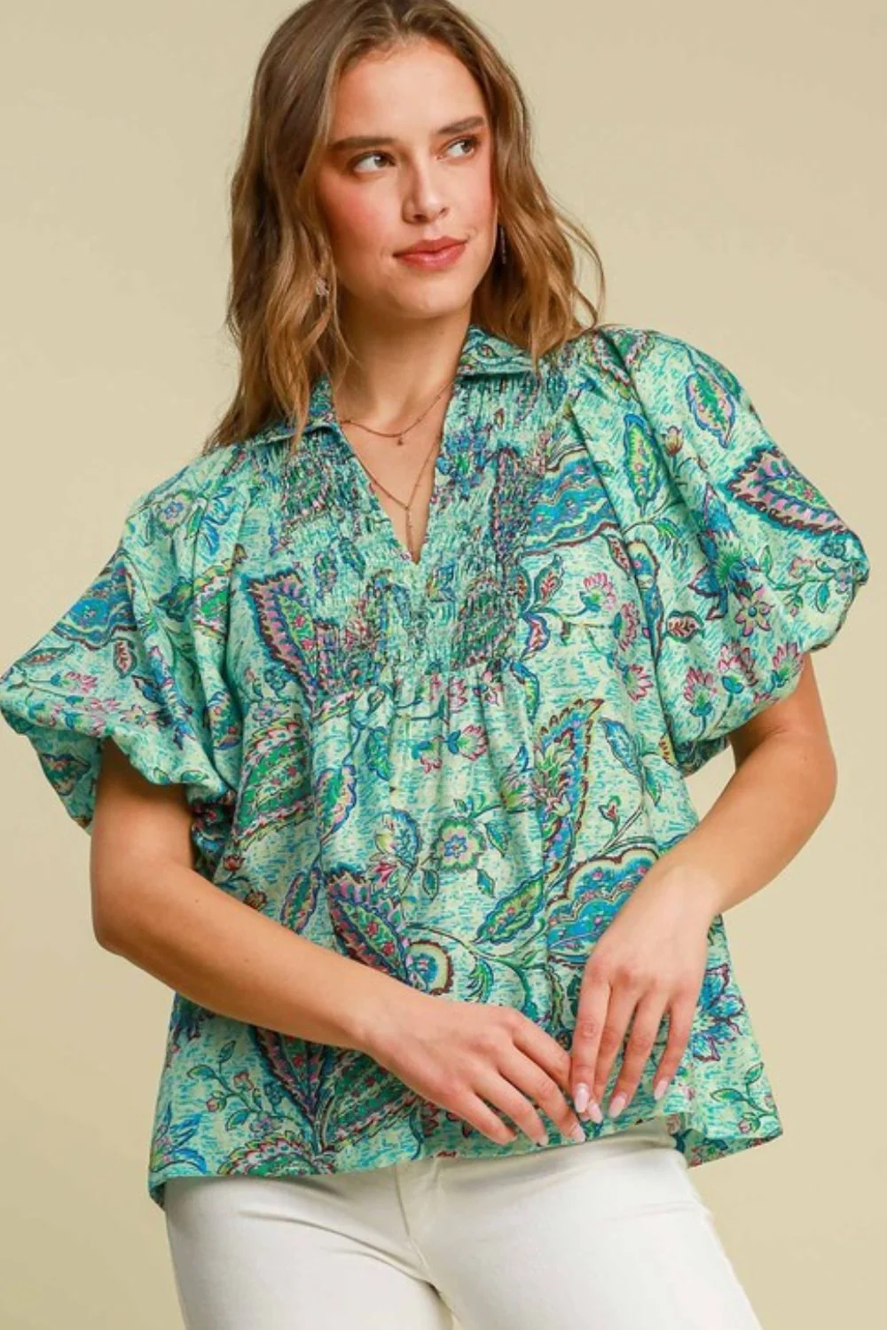 Umgee Full Size Woven Abstract Print Johnny Collar Puff Sleeve Blouse Plus Size - Lositime