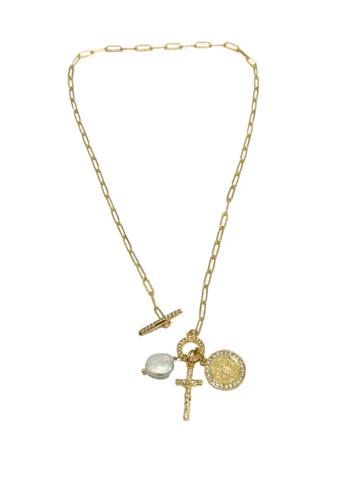 Cross, St. Benedict, and Pearl Toggle Necklace - Lositime