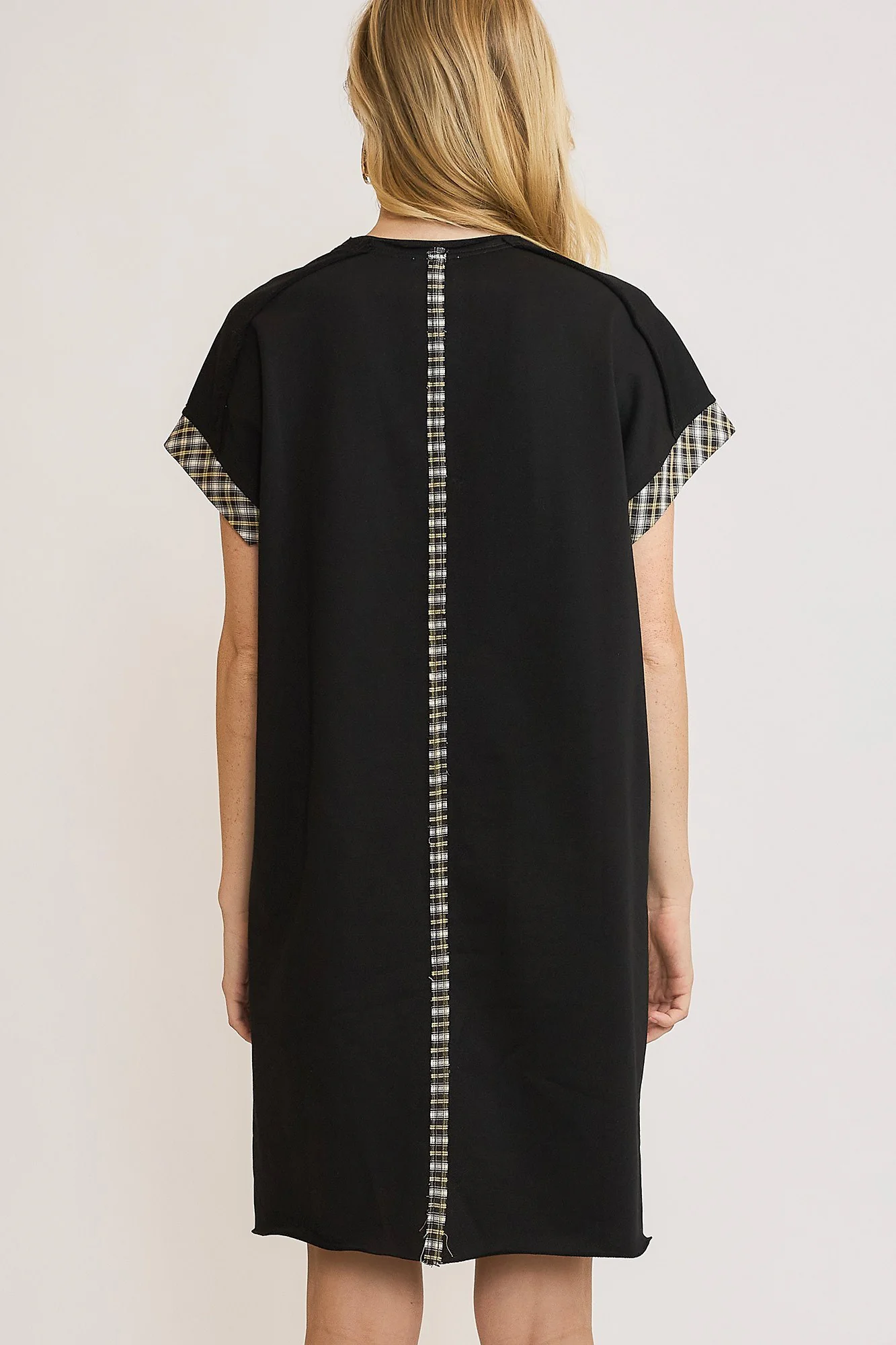 Umgee Peace Plaid Applique Short Sleeve Mini Dress - Lositime