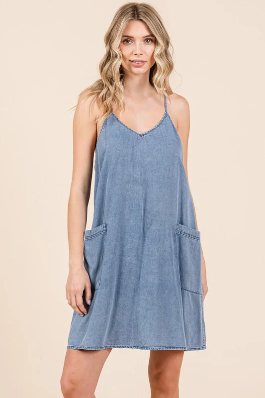 Mittoshop Washed Patch Pocket Mini Cami Denim Dress - Lositime
