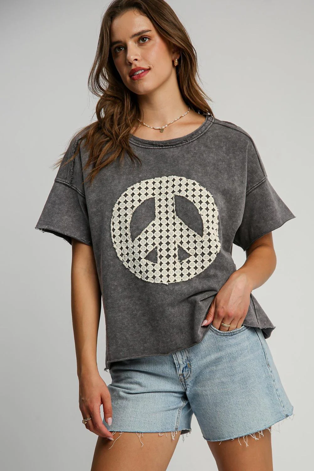 Umgee Full Size Mineral Wash T-Shirt with Lace Applique Plus Size - Lositime